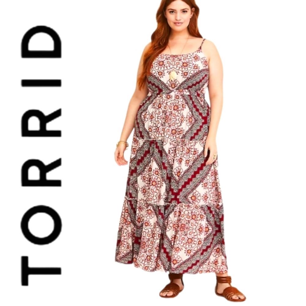 TORRID PLUS SIZE 0X RED SCARF PRINT TIE BACK STRAPPY PAISLEY BOHO MAXI DRESS
